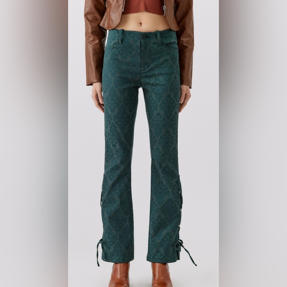 URBAN OUTFITTERS Lace Up dark green Damask print Pants size 4 - Picture 2 of 14